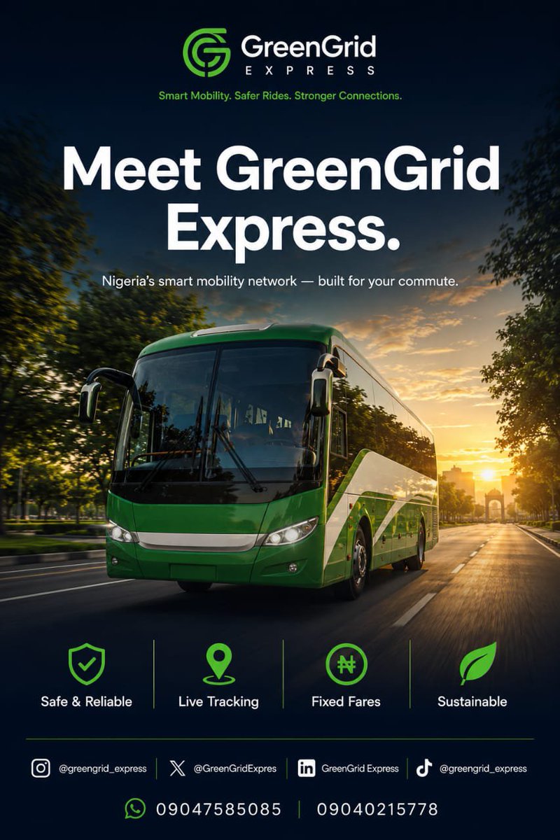 GreenGridExpres's tweet photo. If you just found @GreenGridExpres — 
Nigeria's smart mobility network.
📍 Live bus tracking (real-time GPS)
💰 Fixed fares (never change)
🛡️ Vetted drivers (certified, monitored)
Follow now. Turn on 🔔. Launch is coming.
#GreenGridExpress #SmartMobility #NigeriaTransport https://t.co/KORhnU6Ydr