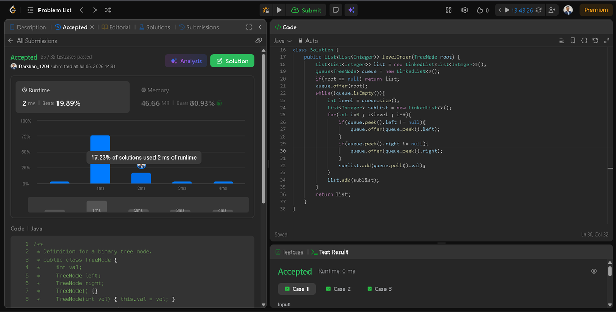 Darshan2042's tweet photo. 📅 Day 36/45 of #SDESheetChallenge @takeUforward_
@striver_79 
🎯Today's Focus: Binary Tree
 ✔️ Level Order Traversal
 ✔️ Maximum Depth in BT
 ✔️ Diameter of Binary Tree
 ✔️ Check for balanced binary tree

💯Small progress.Big consistency.
#StriversSDEsheet #BinaryTree #DSA #Java https://t.co/n0y5jmaGDw