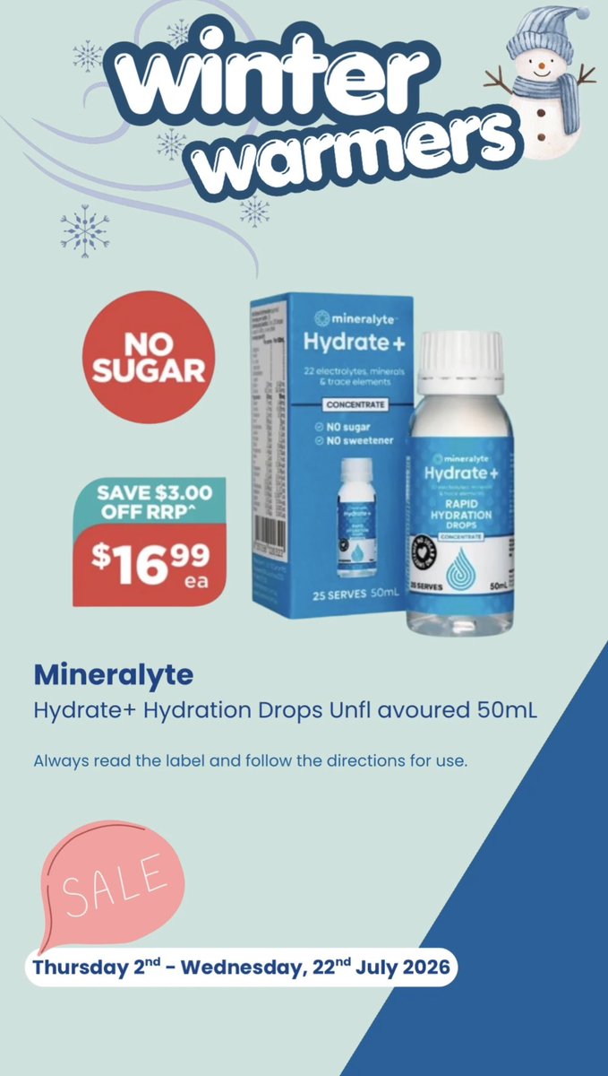 midnighpharmacy's tweet photo. 💧 Stay hydrated the smart way with Mineralyte Hydrate+ Hydration Drops Unflavored 50mL – now available at a special discounted price at our pharmacy!

✨ SAVE $3 OFF the RRP

💲 Now only $16.99 each https://t.co/CGmQMl5MlH