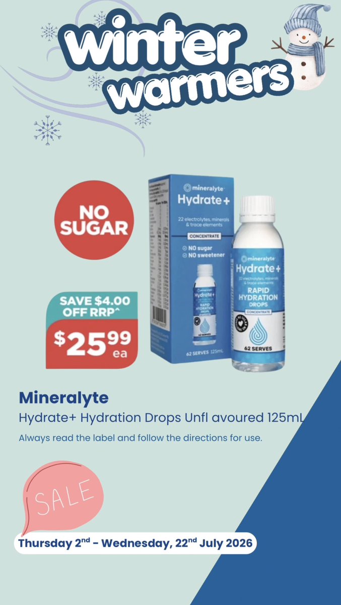 midnighpharmacy's tweet photo. 💧 Keep your hydration on track with **Mineralyte Hydrate+ Hydration Drops Unflavoured 125mL**, now available at a special catalogue price at our pharmacy!

🎉 **SAVE $4 OFF the RRP**
💲 **Only $25.99 each** https://t.co/7BdwZNigHA