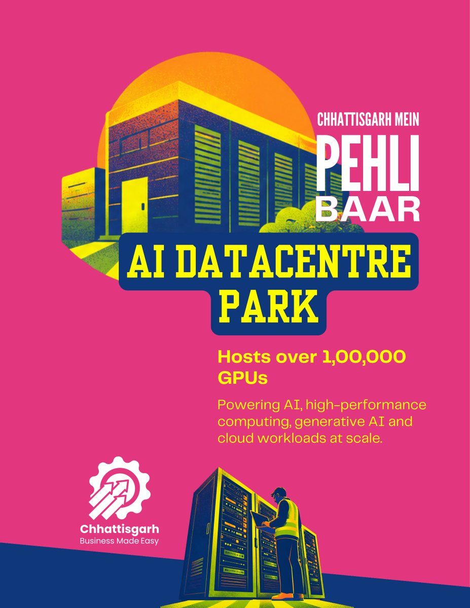 InvestCG_India's tweet photo. India's first AI Data Centre Park is coming up in @NavaRaipur, in India's first AI-focused SEZ.

@Rackbank's ₹1,000 Cr campus will host 1,00,000+ GPUs for AI training &amp; HPC workloads.

This is only the beginning.

#PehliBaarInCG #CGBusinessEasy https://t.co/QAZlTpViuW