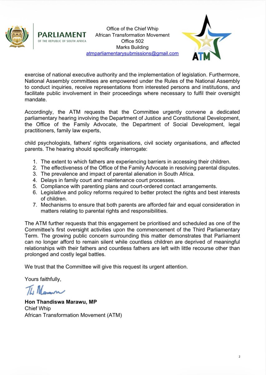 ATMovement_SA's tweet photo. [MUST READ]

The ATM has formally called on @ParliamentofRSA to urgently investigate the growing crisis of parental alienation and the systemic barriers preventing fathers from playing an active role in their children's lives.

A child deserves the love, guidance and support of both parents whenever it is safe and in their best interests. Instead, too many fathers are trapped in endless legal delays, ignored court orders, and a bureaucracy that seems more comfortable processing paperwork than protecting families.

#ATMInParliament