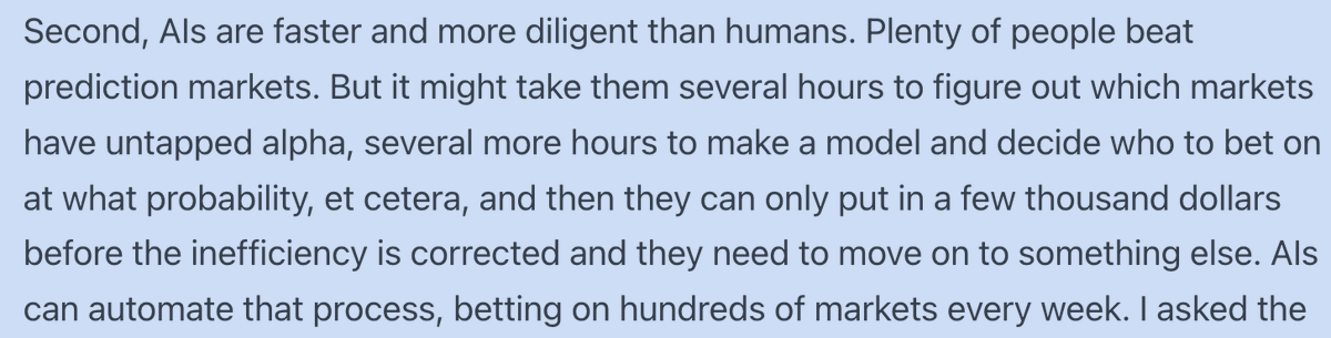 sidshekhar24's tweet photo. great read from @slatestarcodex on the rise of ai superforecasters

agents can scan through 100s of markets and have an valid opinion on each and every one (something that simply isn't possible as a human). 

putting this in everyones pocket as a *baseline* is a new normal that wasn't possible before and what we're building with @askginadotai 

https://t.co/Q07zcSRS06