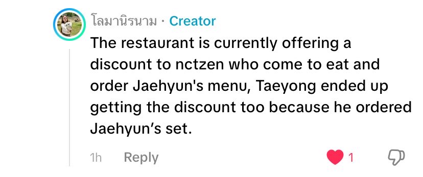 tyongquette's tweet photo. Ok yall jaeyongers unclench look what I saw on tiktok 

thai fans are saying that there is a restaurant which offers a special discount to nctzens who come to eat jaehyun’s menu. AND APPARENTLY, taeyong got the discount bcs he ordered the jaehyun set

op is @aoypnd on tiktok! https://t.co/wvNrTTLutq