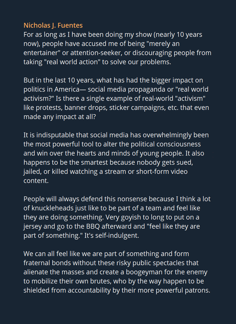 asukagrypr's tweet photo. Nick Fuentes commentates on the social media vs. real world 'activism' debate. https://t.co/tiPMqX7YdW