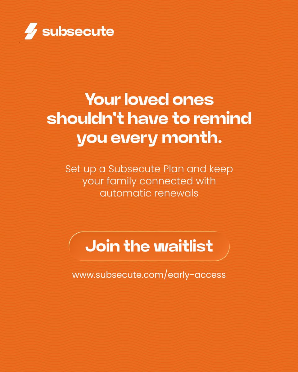 subsecute_'s tweet photo. Love isn't measured by how close you are.
It's measured by how consistently you show up. ❤️

Whether you're in another city or another country, the people you care about still rely on the little things—data, airtime, electricity, and more.

With Subsecute Plans, you can set up their recurring bills once and let every payment happen automatically.

Because distance shouldn't delay your love.

🚀 Join the waitlist through the link in our bio.
https://t.co/apjXDlAbhE