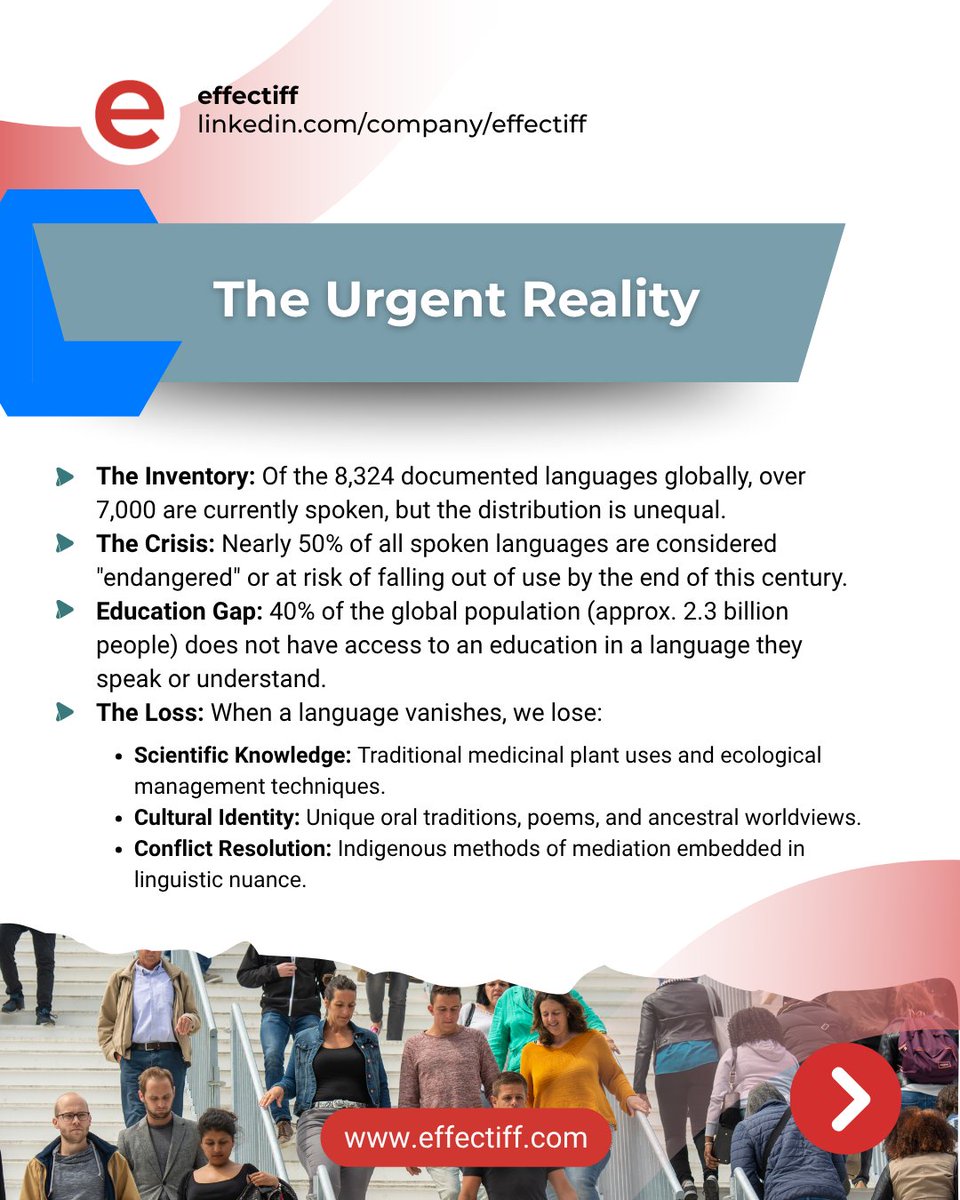 effectiff_com's tweet photo. When a language disappears, so does identity and knowledge.

Nearly half are at risk. The answer is simple: protect access, promote inclusion, take action.

#Multilingualism #LanguageAccess https://t.co/eETBi2PlYg