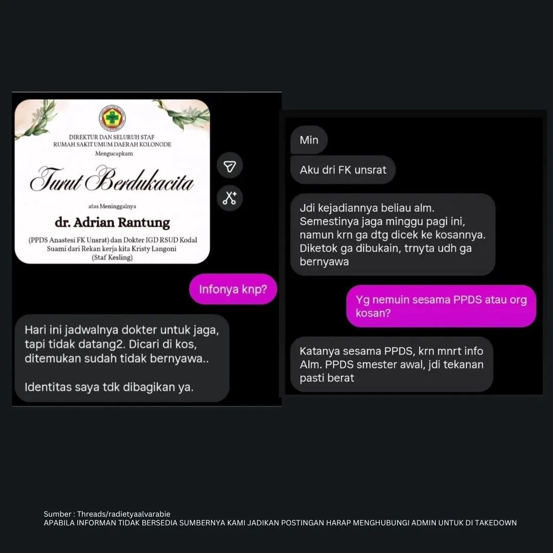 taurosze's tweet photo. Kabar duka datang dari dunia kesehatan😔🏥
Turut berdukacita atas meninggalnya senior dr. Adrian Rantung (FK Unsrat 2010, yang saat ini tengah menjalani PPDS Anestesi FK Unsrat). 

Beliau ditemukan tak bernyawa di kamar kostnya. Dugaan kuat, beliau mengalami perundungan..

sc: in frame