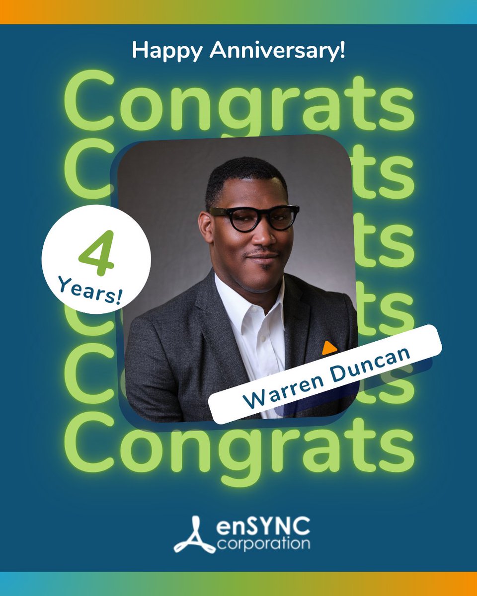 ensync1's tweet photo. 🎉 Congratulations to Warren Duncan on 4 years with enSYNC! Thank you for your dedication to helping organizations make a greater impact. 👏

#WorkAnniversary #Leadership #TeamSpotlight https://t.co/nc3mbDUUh7