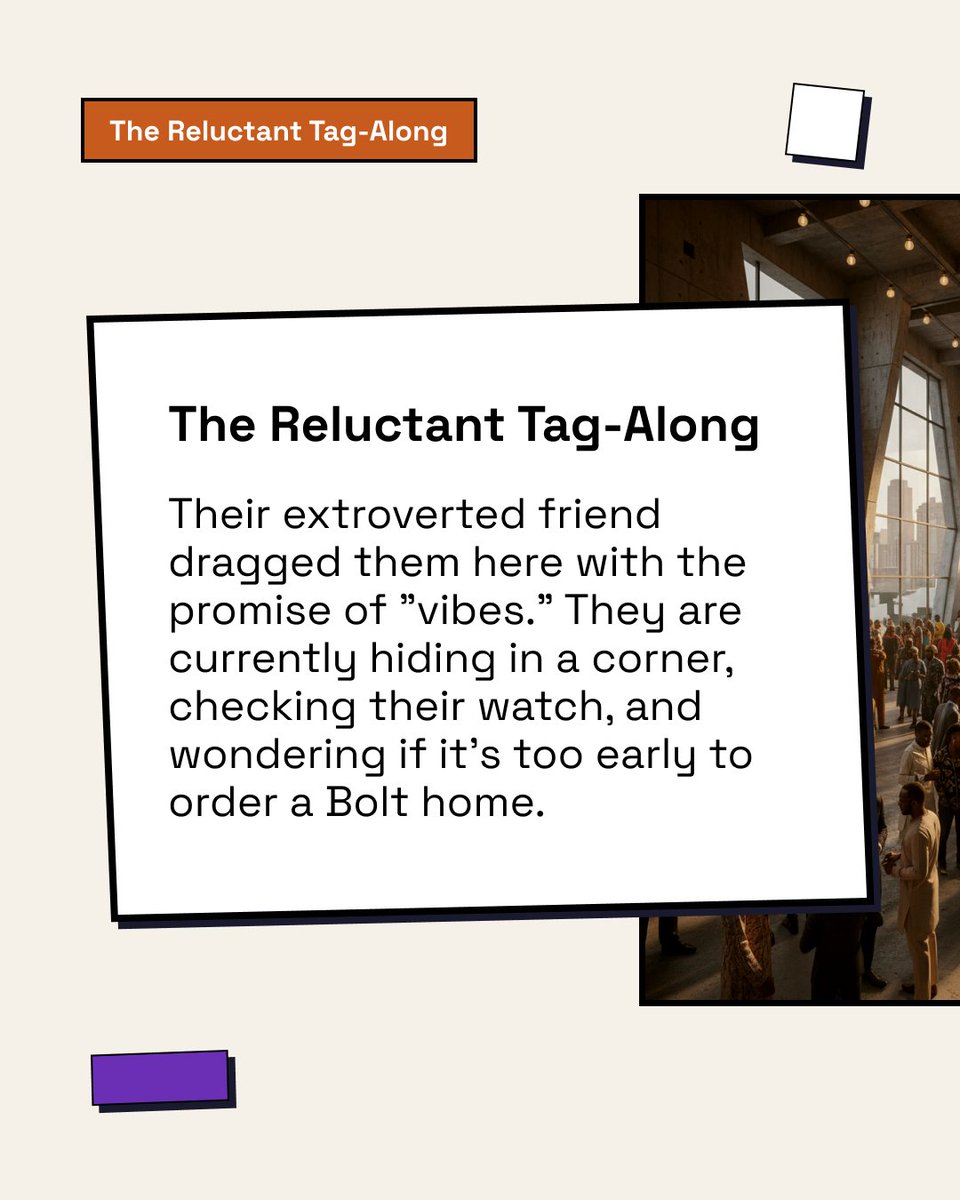 nectall_app's tweet photo. Five types of people you meet at a Nigerian Event Cont...

Which are you???
#nectall #connecting #networking https://t.co/ZBIUmeLa7Y