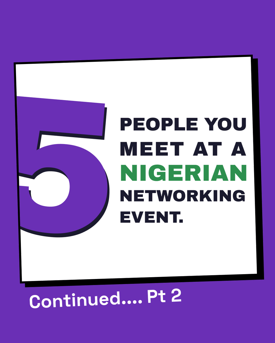 nectall_app's tweet photo. Five types of people you meet at a Nigerian Event Cont...

Which are you???
#nectall #connecting #networking https://t.co/ZBIUmeLa7Y