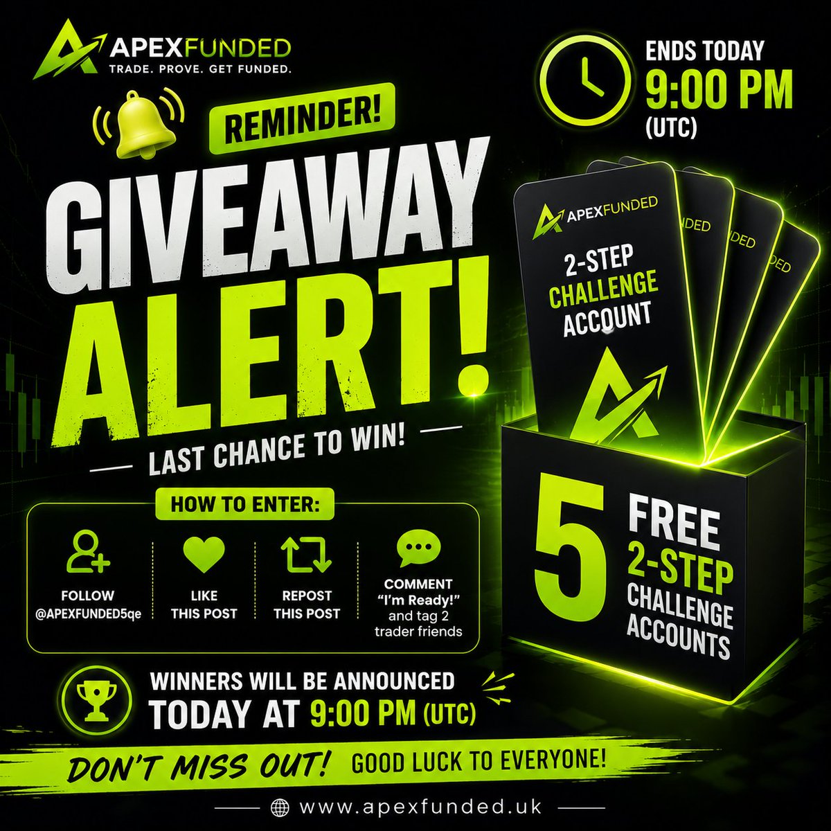 APEXFUNDED5qe's tweet photo. 🚨 GIVEAWAY REMINDER! 🚨
Time is running out! ⏳ Don't miss your chance to win 1 of 5 FREE 2-Step Challenge Accounts from ApexFunded! 🚀
This is your opportunity to start your funded trading journey completely FREE.
How to enter: ✅ Follow @APEXFUNDED5qe ❤️ Like this post 🔁 Repost this post 💬 Comment "I'm Ready!" and tag 2 trader friends
🕘 Winners will be announced TODAY at 9:00 PM (UTC).
Enter now before it's too late. Best of luck to everyone! 🍀
🌐 https://t.co/Xz4mjNKy8B⁠�
#ApexFunded #Giveaway #Forex #PropFirm #FundedTrader #Trading #MT5