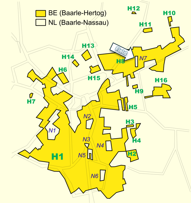 theiaincameron's tweet photo. In honour of the USA v Belgium game, here's my favourite piece of Belgian geography.

This small field is in the Netherlands. But the field is surrounded by Belgium. But, the bit of Belgium surrounding the field is itself surrounded by the Netherlands. 

Welcome to Baarle-Hertog! The Flemish municipality of Belgium, much of which consists of a number of small Belgian exclaves fully surrounded by the Netherlands.