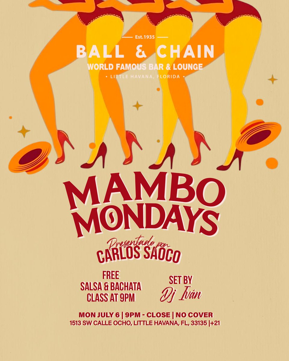 BallAndChainBar's tweet photo. TODAY: #LiveMusic NOW to 6 p.m., #HappyHour 4 to 7, #LiveJazz 6 to 9, then #MamboMondays with DJ Ivan + a FREE #SalsaClass &amp; #BachataClass, 9

TOMORROW: #Bachatuesday includes DJ Vila + a FREE #BachataLesson

#supportlocal https://t.co/kBdwIKSopr
🍍💚 https://t.co/JaAznaYAQ6