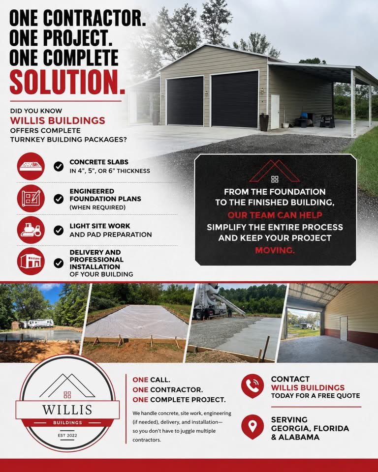 WillisBuildings's tweet photo. 🏗️ One Contractor. One Project. One Complete Solution.

Did you know Willis Buildings offers complete turnkey building packages?

✔ Concrete slabs in 4", 5", or 6" thickness
✔ Engineered foundation plans (when required)
✔ Light site work and pad preparation https://t.co/fHngwCcShd