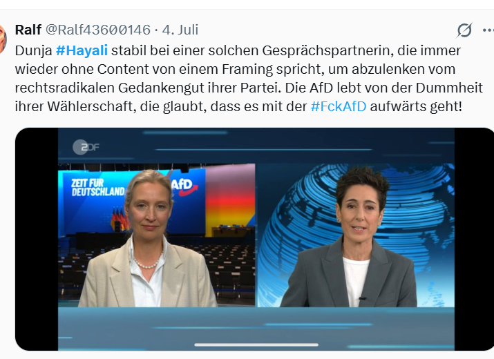 Nicoles44180590's tweet photo. Frau #Weidel, wenn sie schon so rotz frech sind, dann geben sie doch einfach zu, dass sie zu rechtsextremen Verbindungen haben.
STEHEN SIE DAZU!!!!!!!
Dann müssen sie auch nicht so ausflippen, das machen nur Menschen die sich nicht zu helfen wissen.
#Hayali stabil https://t.co/CSsSxSdcpa
