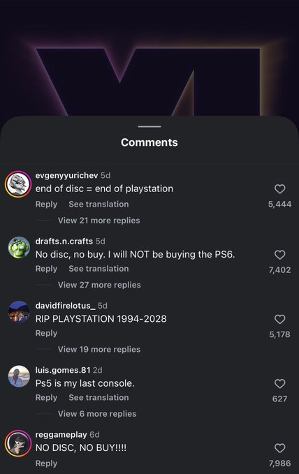 _GTAVI_'s tweet photo. PlayStation is getting thousands of comments of people saying that they won't buy PS6 because of the disc replace 👀 https://t.co/UqsaNUsm8I