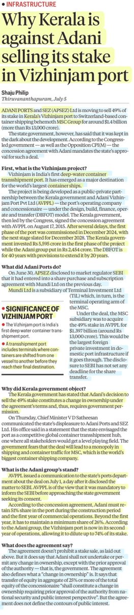 imRavikantYadav's tweet photo. Why Kerala is against Adani selling his stake in Vizhinjam port
:Details by Mr Shaju Philip
@shajuexpress
#Vizhinjam #vizhinjamport #VizhinjamSeaPort #DeepWater #TransshipmentPort #Containers
#AdaniPort
#APSEZ #AVPPL #SEBI
#MSCgroup #MundiLtd
#Kerala
#UPSC
Source:IE https://t.co/rFnw0LL8Q1