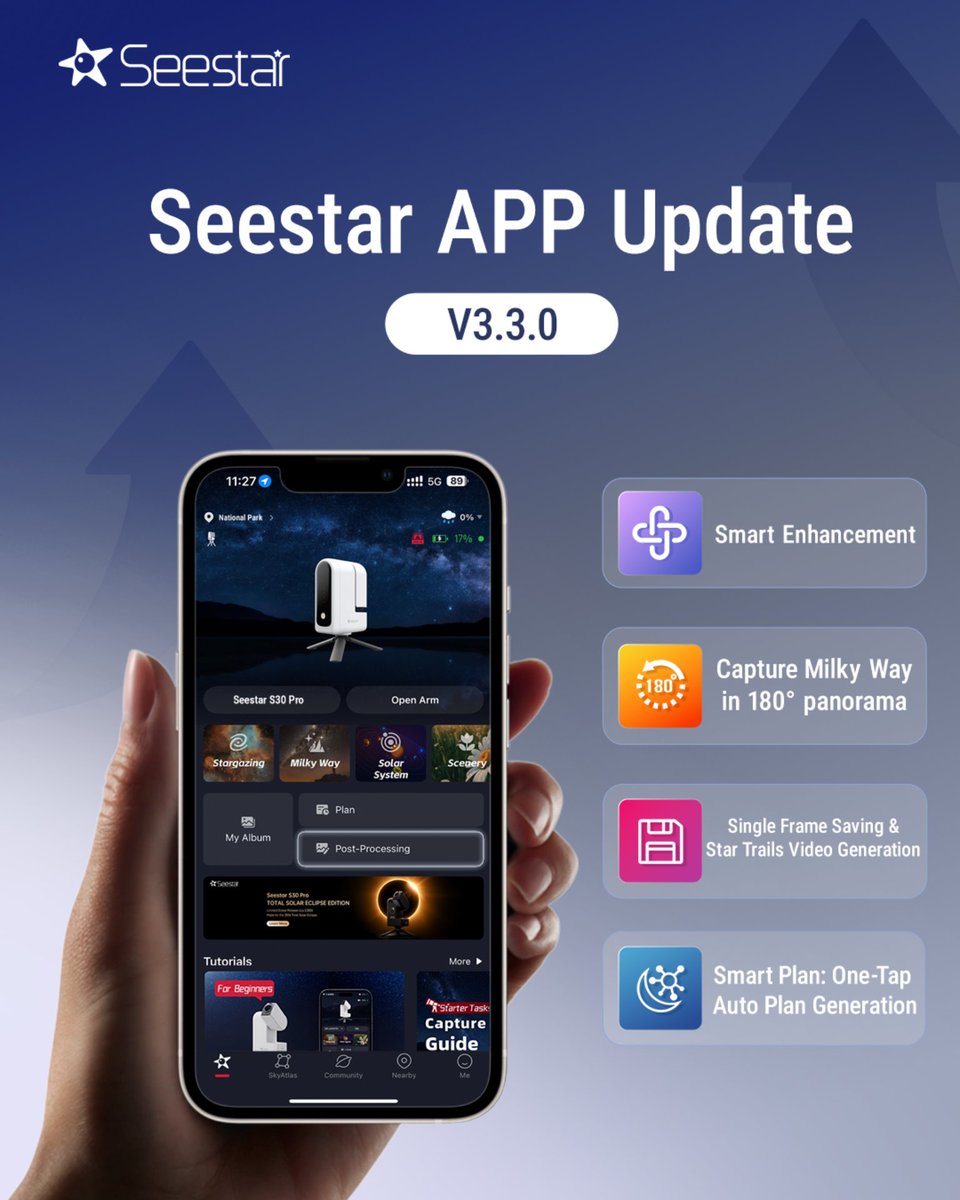 Seestar_astro's tweet photo. New Update Alert! 🚀

This major release delivers significant upgrades and highly anticipated features designed to elevate your imaging capabilities. 🌌✨

📱 Seestar App Version: V3.3.0

🔥 Highlights of this update:
-Smart Enhancement now supports live stacking and post-processing
-Capture the full Milky Way Arch with 180° panorama
-Save Star Trails single-frame images and effortlessly generate videos in Milky Way mode
-Added Dark Calibration for S30 Pro, plus Smart AF & Smart AF toggles in Stargazing mode
-Planning made easy: Added One-Tap Auto Plan Generation
-Added Local Network discovery for Seestar connection
Plus more optimizations and bug fixes for a smoother experience 🔭

Download the latest version and share your incredible new masterpieces with us! 📸✨

#Seestar #SeestarS30Pro #Astrophotography #MilkyWay #Stargazing #SmartTelescope #Astronomy