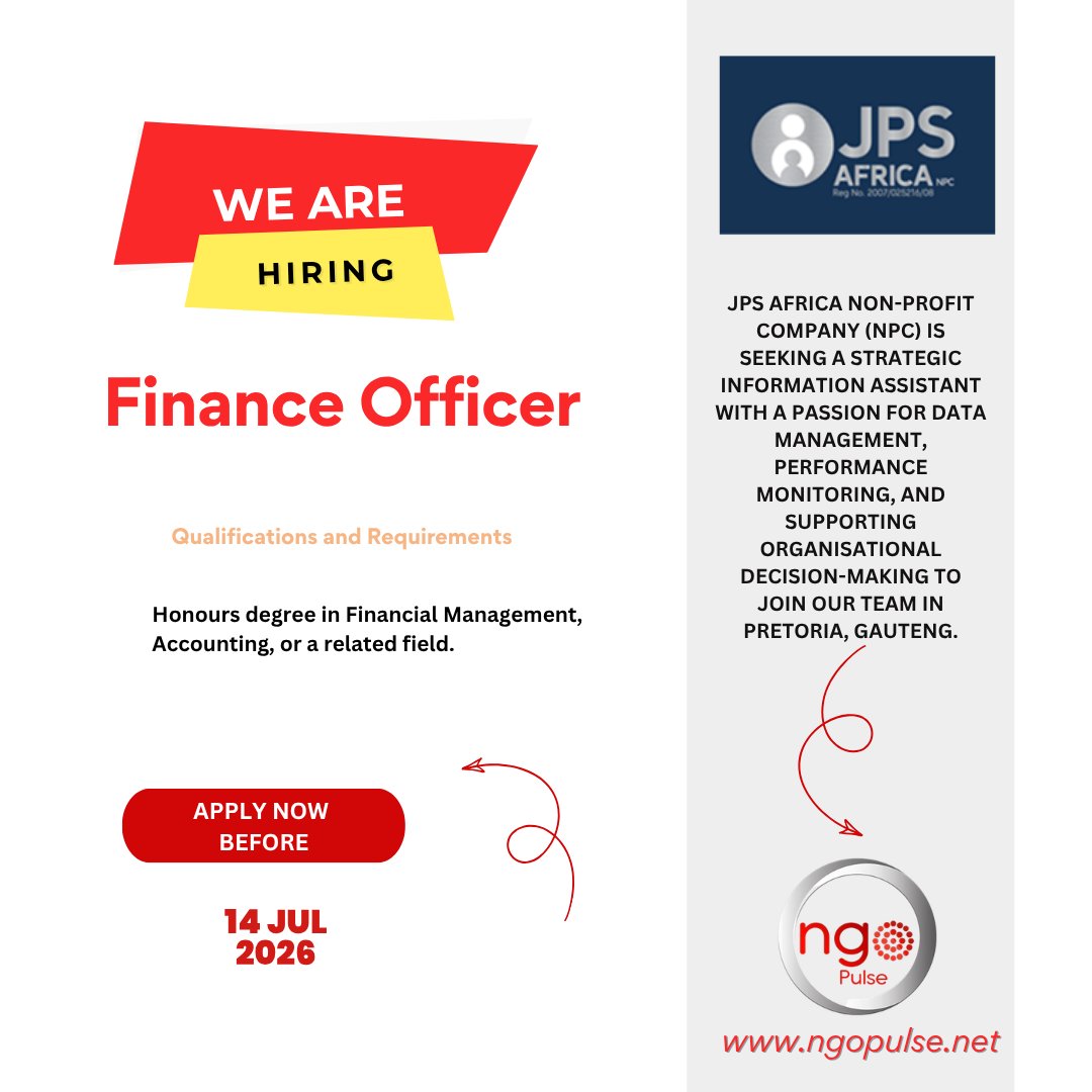 sangonet's tweet photo. EMPLOYMENT ALERT🚨

POSITION: Finance Officer

COMPANY: JPS Africa NPC

LOCATION: South Africa

APPLICATION LINK: https://t.co/b6w4kejwnZ

APPLY BEFORE: 14 Jul 2026
#opportunity #employment
Follow Sangonet_ channel on WhatsApp
https://t.co/U4geIBSBZo https://t.co/e16P55cuoO