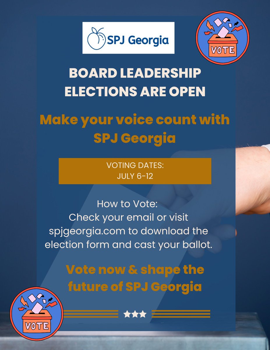 SPJGeorgia's tweet photo. Voting is now open for president, vice president and at-large member of our board of directors. We have a great slate of candidates who are eager to serve our chapter.
Help shape the future of SPJ Georgia and make your vote count! #GoVote #SPJ #SPJGeorgia #JournalismMatters https://t.co/EPO12D2GM2