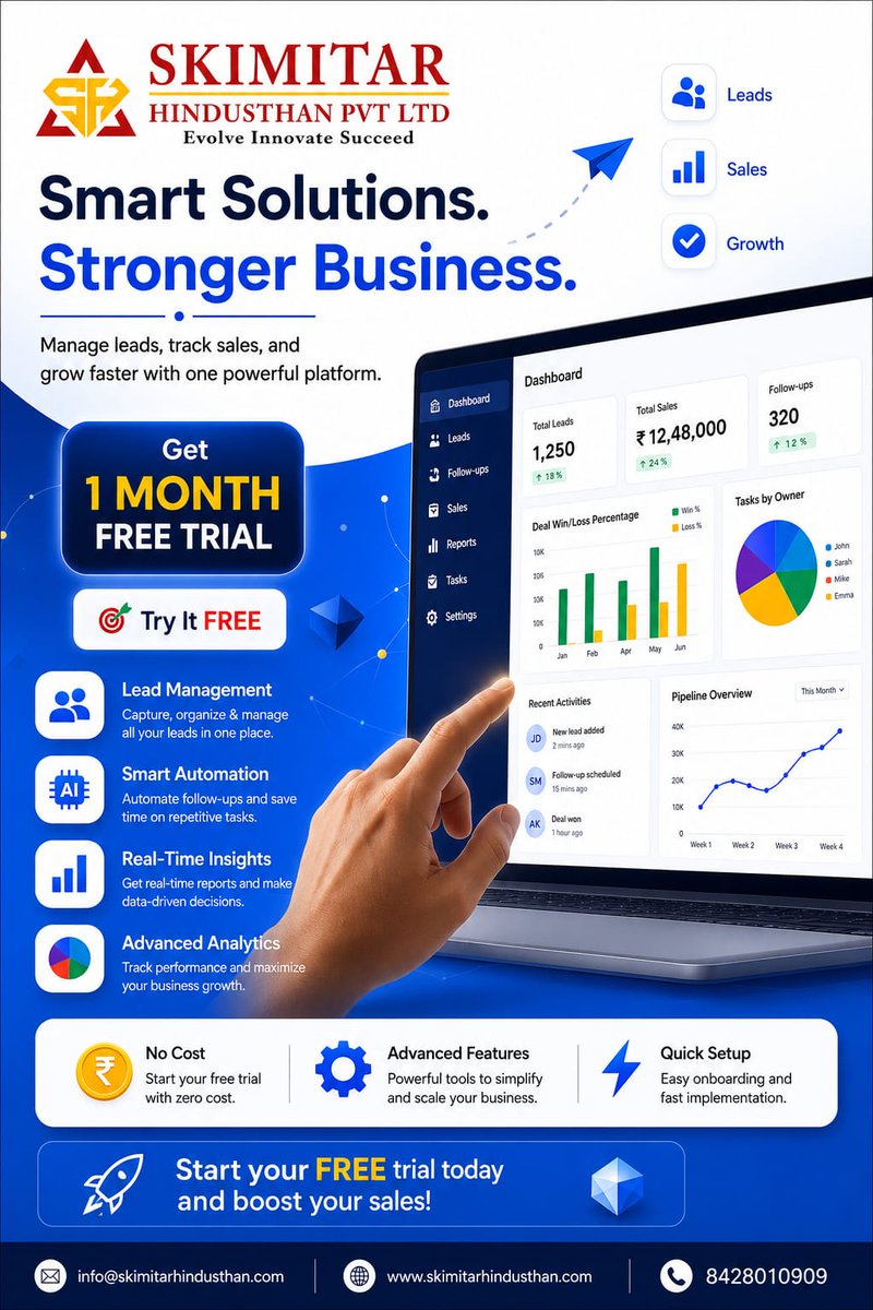 SkimitarAcademy's tweet photo. Managing leads on spreadsheets in 2026? 😅
Time to upgrade. Get 1 Month FREE Trial on Skimitar's CRM.

✅Lead Mgmt 
✅ Automation 
✅ Real-Time Insights
Try it free 👉 https://t.co/RHYdls13M9
#CRM #SmartBusiness #FreeTrial https://t.co/JQeUeBjkpk