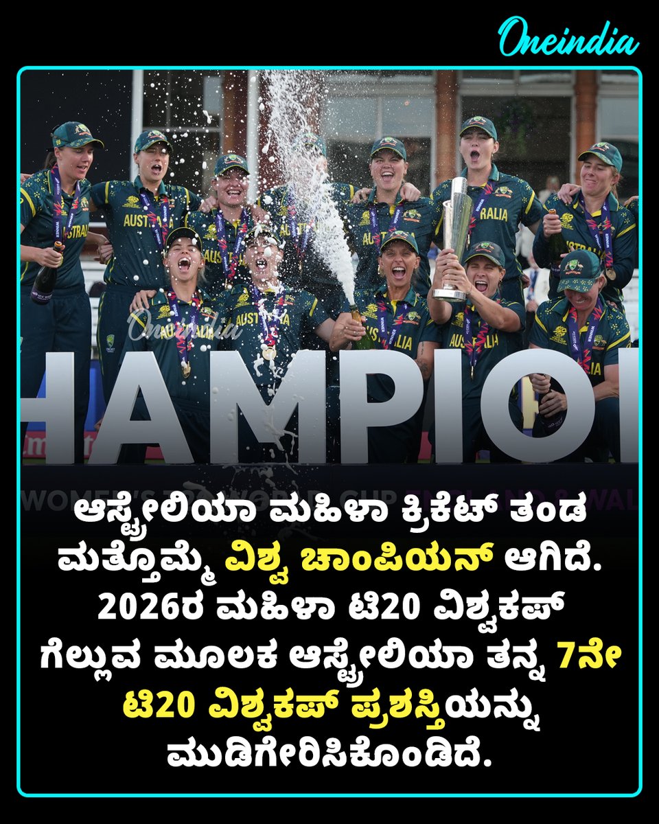 OneindiaKannada's tweet photo. ಲಾರ್ಡ್ಸ್ ಮೈದಾನದಲ್ಲಿ ಆಸ್ಟ್ರೇಲಿಯಾ ಸಿಂಹಿಣಿಯರ ಅಬ್ಬರ: 7 ವಿಕೆಟ್ಗಳ ಭರ್ಜರಿ ಜಯದೊಂದಿಗೆ ವಿಶ್ವ ಚಾಂಪಿಯನ್ ಪಟ್ಟ ಅಲಂಕರಿಸಿದ ಸೋಫಿ ಮೊಲಿನೆಕ್ಸ್ ಪಡೆ!
See Now: https://t.co/Go5LtGTlFT
#WomensT20WorldCup #AustraliaChampions #SportsUpdate #OIKannada #AUSvsENG https://t.co/F5UOfdNIMX