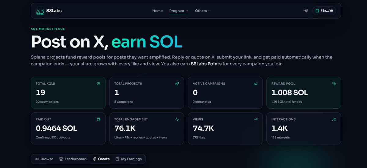 s3labs_'s tweet photo. Beta Test #2 for the KOL Feature is Live🚀
We've improved the system with a new algorithm.
Try it now and compete for 3 SOL in total rewards.

How to join:
> Comment on or quote this post
> Submit your post link at https://t.co/KC6STKwl7S
> The more engagement you get, the higher your reward

You can also collect S3Labs Points by participating.
The earlier you submit, the more points you'll earn.