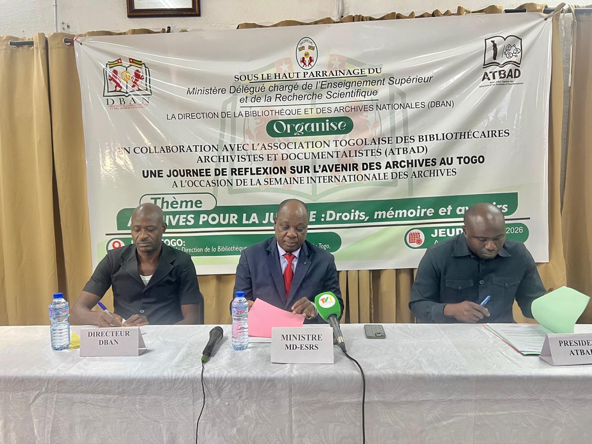 MESR_Tg's tweet photo. Une journée de réflexion consacrée à l’avenir des archives au Togo s’est tenue, le jeudi 2 juillet 2026, dans les locaux de la DBAN, autour du thème : « Archives pour la justice : droits, mémoire et avenirs ».

https://t.co/R4EFMJwL3S https://t.co/m1IeRqWvqd