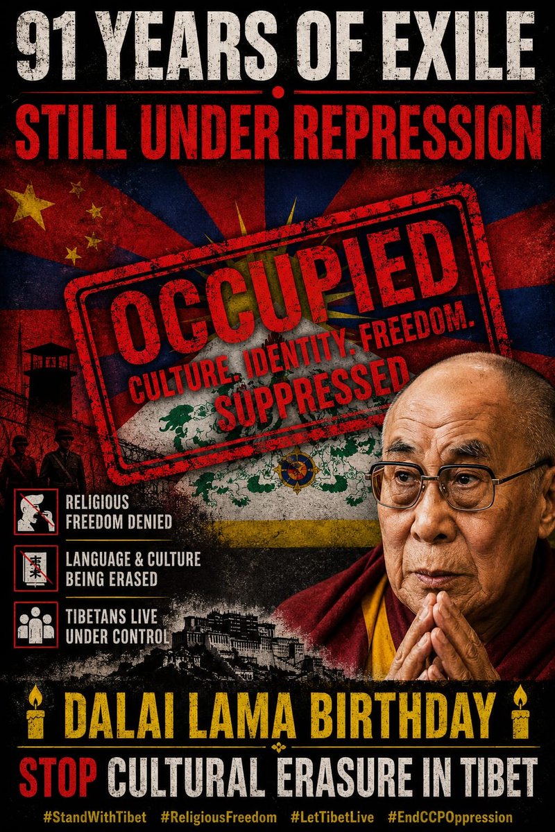 RinzenD__'s tweet photo. At ninety-one, the Dalai Lama's influence continues to resonate far beyond political boundaries. 
#TibetWillNeverDie #DalaiLama91
His enduring presence reflects lasting power of spiritual leadership and resilience many associate with Tibetan cause
 #StandWithTibet

@rishi_suri https://t.co/NqlqPi1LPs