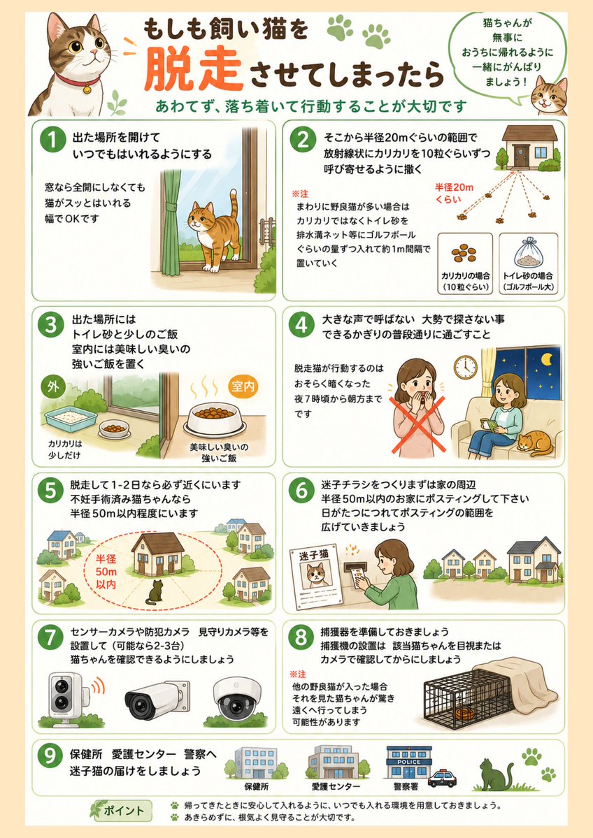 nyankonokai1's tweet photo. もしも飼い猫を脱走させてしまった場合
イラスト版　できました
　
猫ちゃんが元気で帰ってきますように https://t.co/HOHQdcHKFW