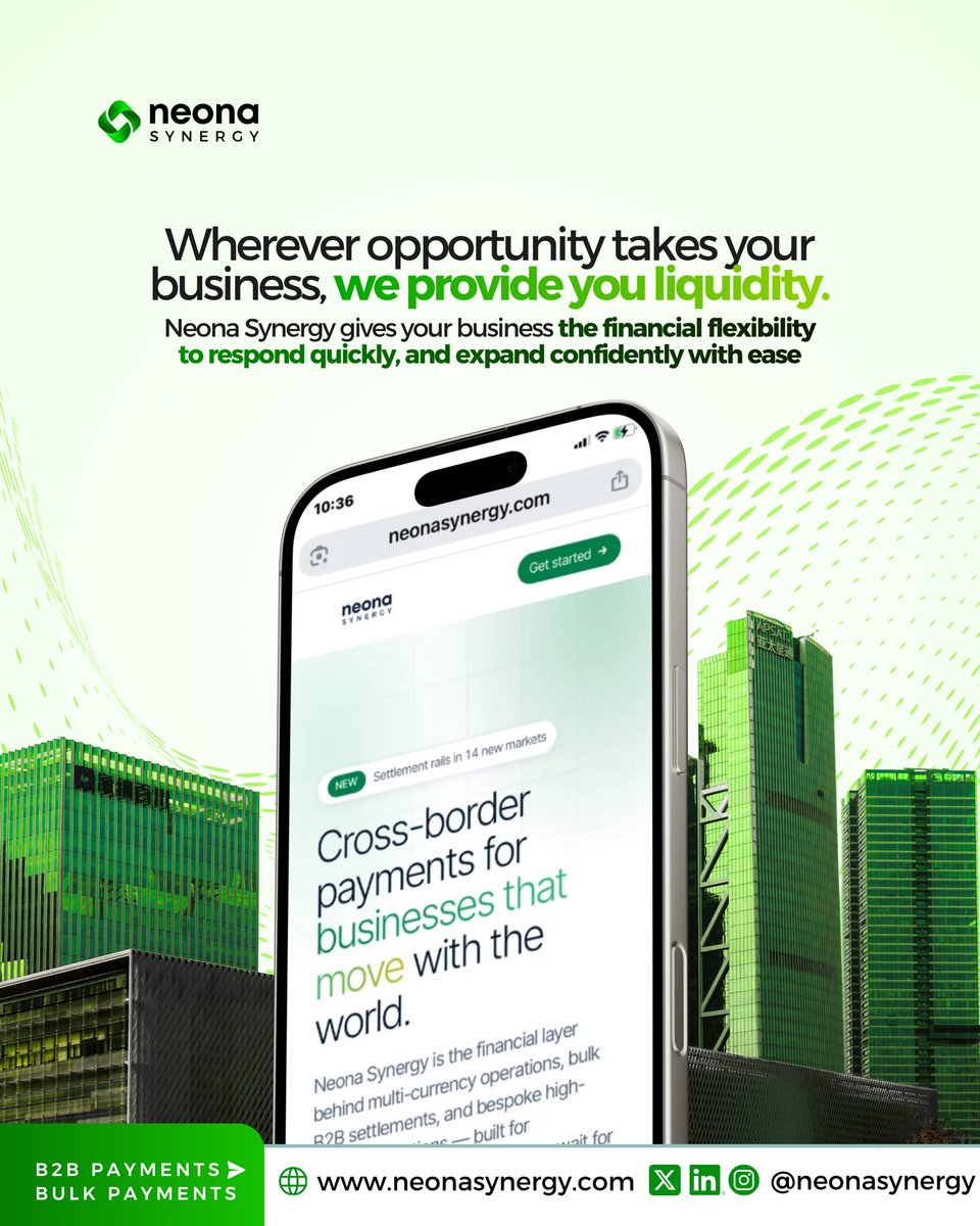NeonaSynergy's tweet photo. Opportunity doesn’t wait and neither should your capital. 🌍 Neona Synergy gives your business the liquidity and financial flexibility to move fast, expand confidently, and pay across new markets seamlessly. Built for businesses that move with the world 
https://t.co/RN3kiEme4Y https://t.co/KJCnLrykx3