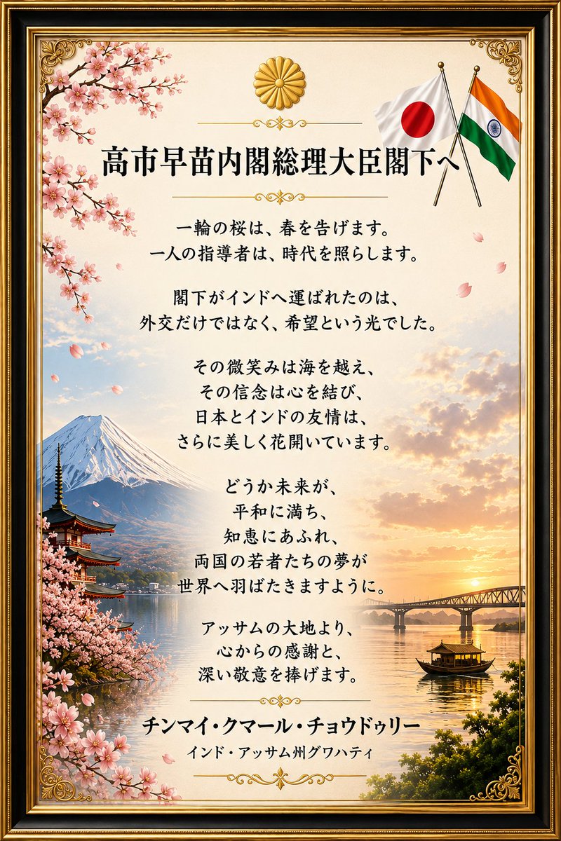 connectCKC's tweet photo. @JPN_PMO Some words are written with ink.
Some are written with gratitude.

A humble poetic tribute to Her Excellency Prime Minister Sanae Takaichi from Assam, India. 🇮🇳🤝🇯🇵

@JPN_PMO

#JapanIndia #Japan #India https://t.co/SE3yjNQSYE