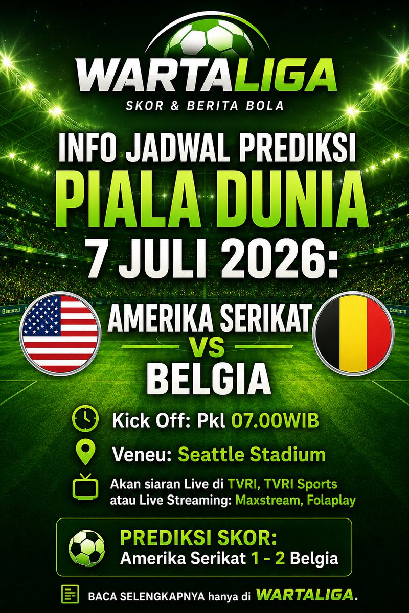 WartaLiga_'s tweet photo. besok tgl 7 Juli 2026 Pertandingannya 
Amerika vs Belgia 
Portugal vs Spanyol 

#wartaliga #jadwalbola #prediksibola https://t.co/ShoubgwuMd