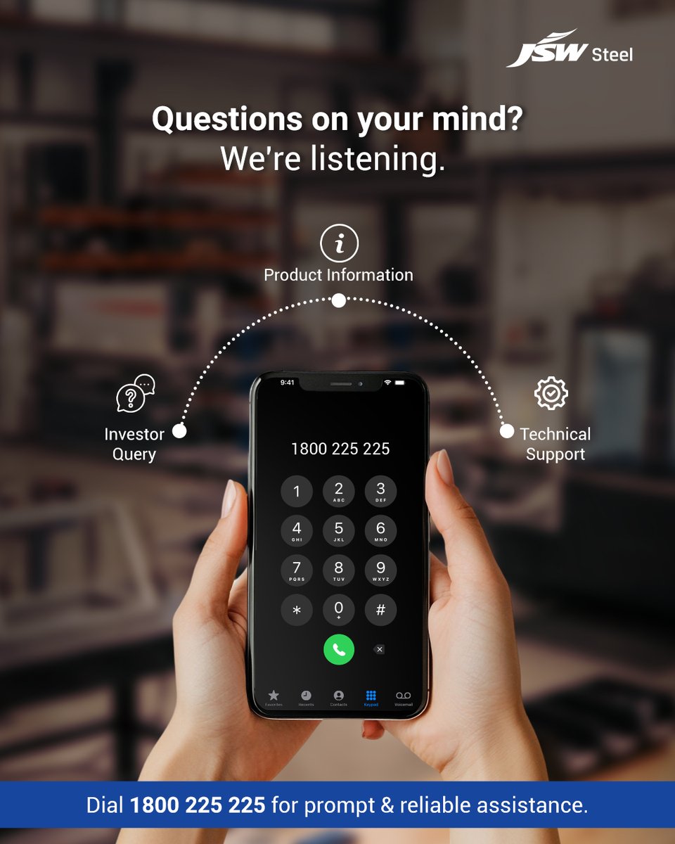 jswsteel's tweet photo. Every meaningful conversation begins with a simple hello. Whether you're looking for product information, technical guidance, or support with investor-related queries, our team is ready to assist. Dial 1800 225 225 to connect directly with the right experts and get the clarity you need. At JSW Steel, help is always just a phone call away.

Know more at: https://t.co/9KaHjsB4k3

#JSWSteel #InnovationIsAlwaysAround #TollFreeNumber