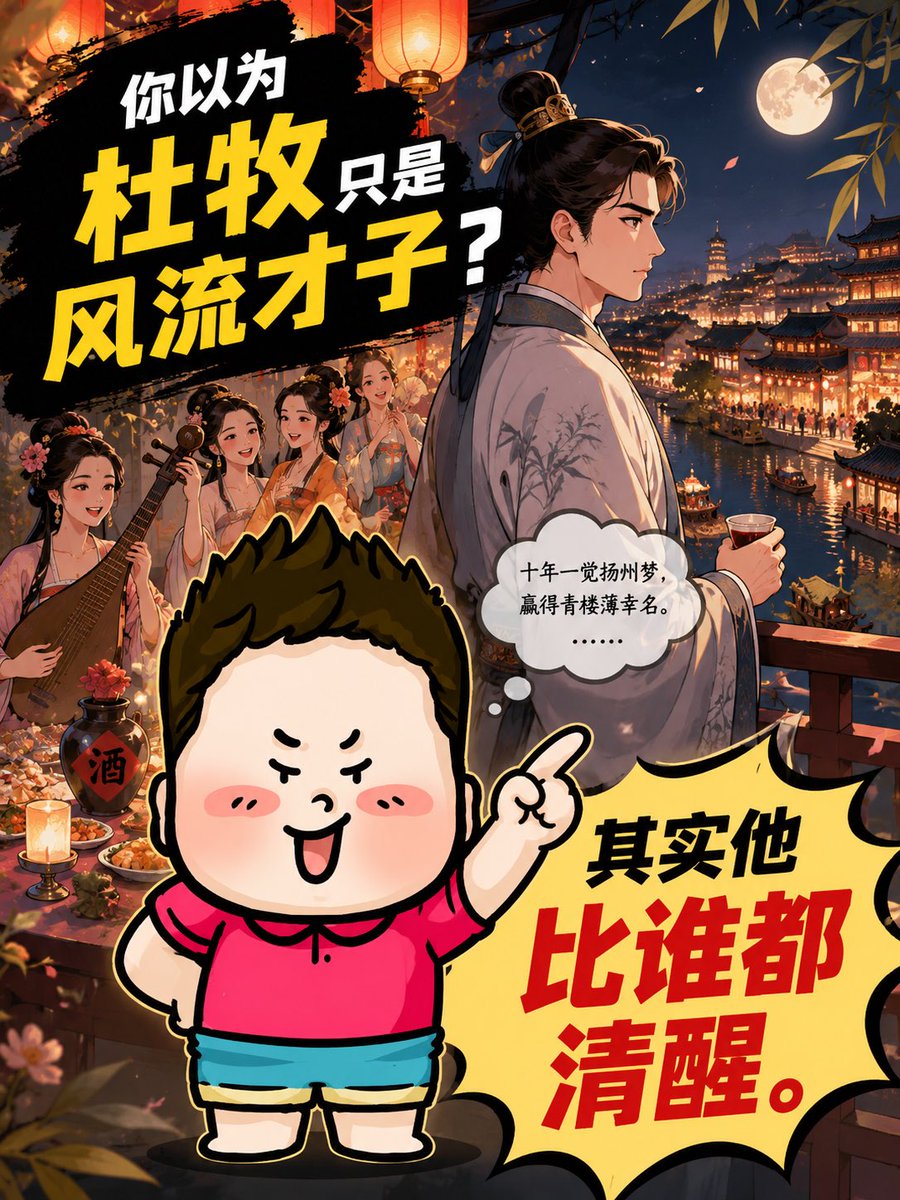 Banderhu368's tweet photo. 很多人提到杜牧，第一反应是“风流”“诗很美”“有才情”。

“秦人不暇自哀，而后人哀之；后人哀之而不鉴之。”这不是风花雪月，是冷静到骨子里的警告。

他看得很清楚：王朝在走下坡路，人却还在沉迷表面热闹。

所以杜牧最特别的地方，不是“会写诗”，而是他在风流表象之下，一直保持着一种很冷的清醒。 https://t.co/eMFPQJt1PL