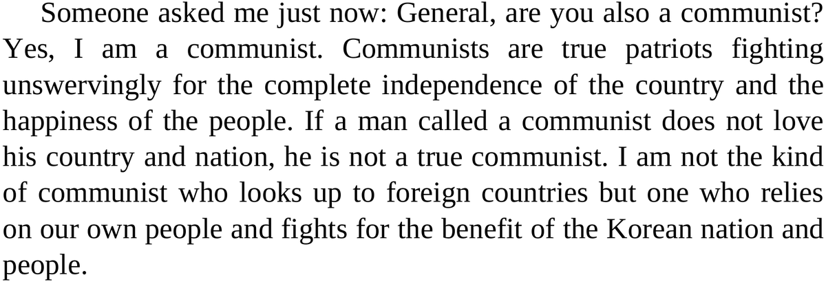 JucheMaxing's tweet photo. On 27 November 1945, while he was speaking at a mass rally of the youth in Sinuiju about which path liberated Korea should take, a voice from among the crowd asked Kim Il Sung: “General, are you also a communist?” The answer of the great leader was epic: https://t.co/1wdxeeviKa