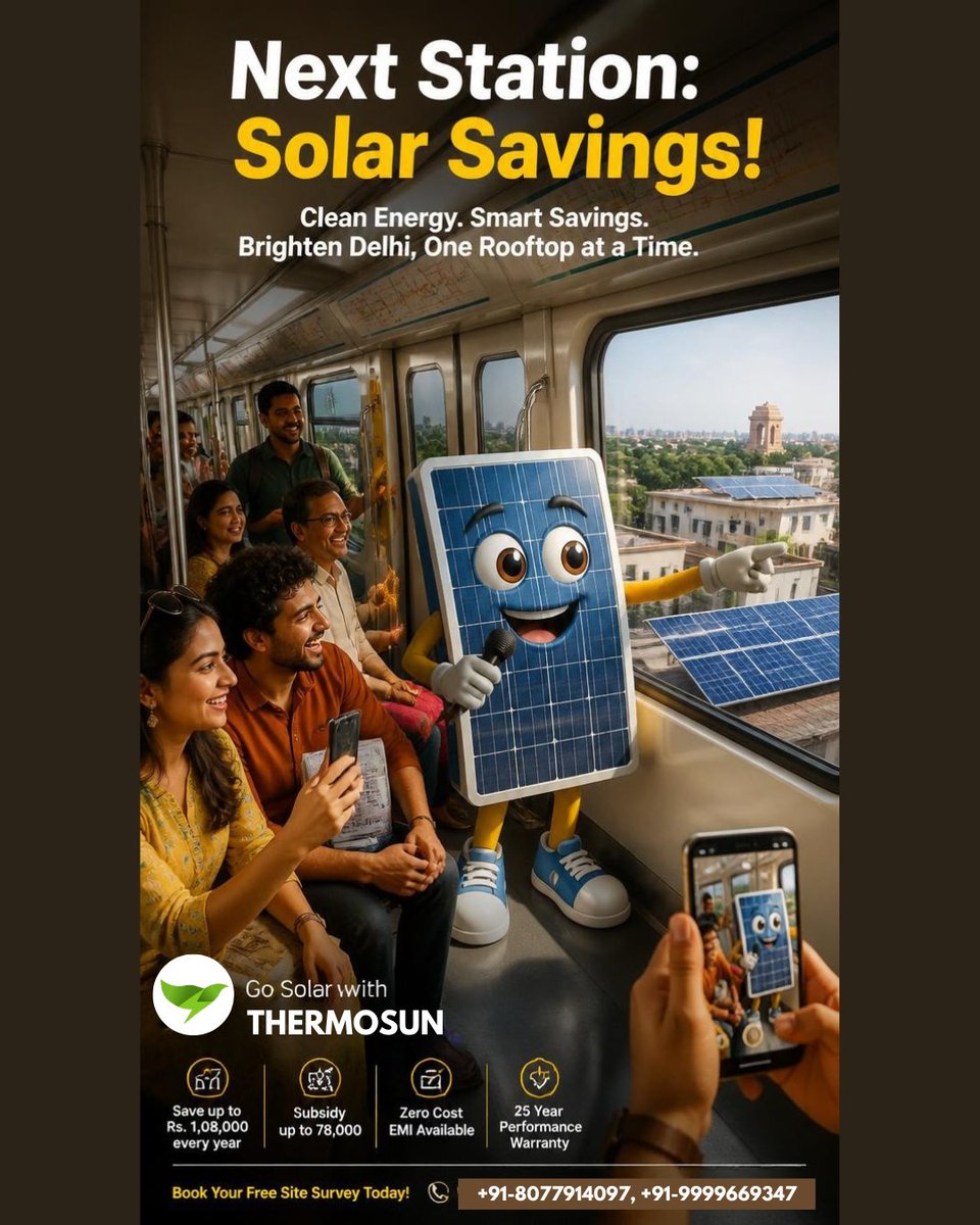 ThermosunSolar's tweet photo. Next station: Solar Savings! 🚇☀️
✅ Save up to ₹1,08,000/year
✅ Subsidy up to ₹78,000
✅ Zero Cost EMI
✅ 25-year warranty
Brighten Delhi, one rooftop at a time.
@Thermosun | 📞 8077914097
#SolarEnergy #GoSolar #DelhiNCR #SolarSavings https://t.co/zJwvZRbvEQ