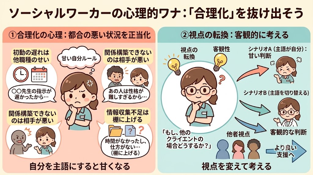 kei5850's tweet photo. ソーシャルワーカーは、都合の悪い状況を正当化して、納得しようとする「合理化」の心理が働くことがある。
①初動の遅れは他職種のせい
②関係構築できないのは相手が悪い
③情報収集不足は棚に上げる
自分が主語だと甘くなるため「もし、他のクライエントの場合どうするか？」と視点を変えて考える。 https://t.co/pO6KXtVRyF