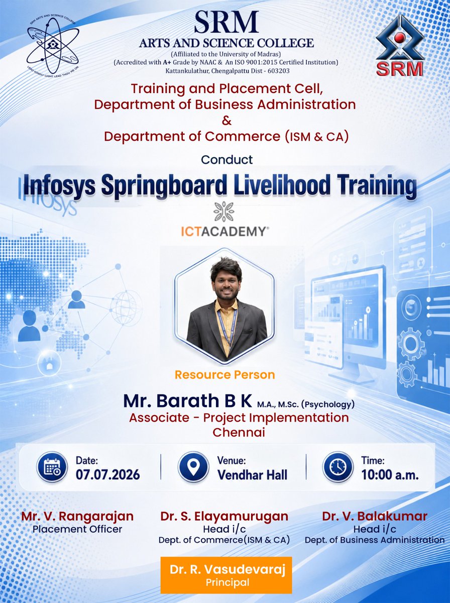 srm_asc's tweet photo. Empowering Careers with Industry Skills! SRM Arts and Science College, through its Training &amp; Placement Cell, in association with the Departments of Business Administration &amp; Commerce (ISM &amp; CA), presents:
Infosys Springboard Livelihood Training in collaboration with ICT Academy https://t.co/636FyJYmBV