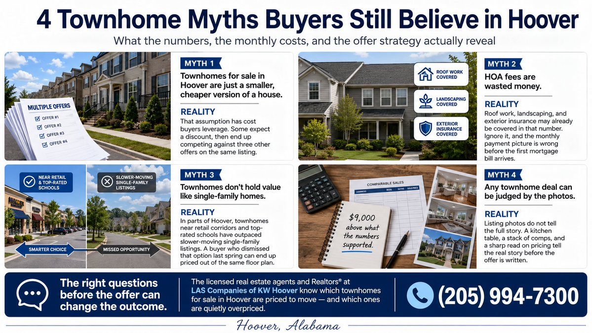 LASCompanies's tweet photo. MYTH: Townhomes for sale in Hoover are just a smaller, cheaper version of a house. 🏚️

REALITY: That assumption has already cost buyers real leverage in Hoover this year. Buyers walk in expecting a discount and walk out competing against three other offers on the same listing.

MYTH: HOA fees are wasted money. 💸

REALITY: A buyer who skips that line item finds out the hard way — after closing — when the roof, the landscaping, and the exterior insurance are already covered inside that number. Ignore it, and the monthly payment picture is wrong before the first mortgage bill arrives.

MYTH: Townhomes don't hold value like single-family homes. 📉

REALITY: In parts of Hoover, townhomes near retail corridors and top-rated schools have outpaced slower-moving single-family listings. The buyer who dismissed that option last spring is now priced out of the same floor plan.

MYTH: Any townhome deal can be judged by the photos. 📸

REALITY: A kitchen table, a stack of comps, and a sharp read on pricing tell the real story — not the listing photos. One buyer nearly signed on a unit priced $9,000 above what the numbers supported. The right questions, asked before the offer, changed the outcome.

🔑 The licensed real estate agents and Realtors® at LAS Companies of KW Hoover already know which townhomes for sale in Hoover are priced to move — and which ones are quietly overpriced.

📞 (205) 994-7300

#TownhomesForSaleInHoover #LASCompanies #LASRealEstate