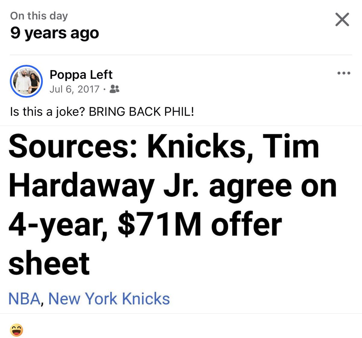 _the6thman's tweet photo. It’s been 3,287 days since the Knicks signed Tim Hardaway Jr. 

Shortly after firing Phil Jackson (6/28/2017) who was allowed to draft Frank Ntilikina on June 22, 2017. 

This is why I don’t get fake mad about losing Mitch, the second apron, Cameron Carr summer league highlights, Andre Drummond, the 42 year old Bron sweepstakes, Demar DeRozan talk… 

3,287 days ago. We signed Tim Hardaway Jr, for 4 years, 71 million.