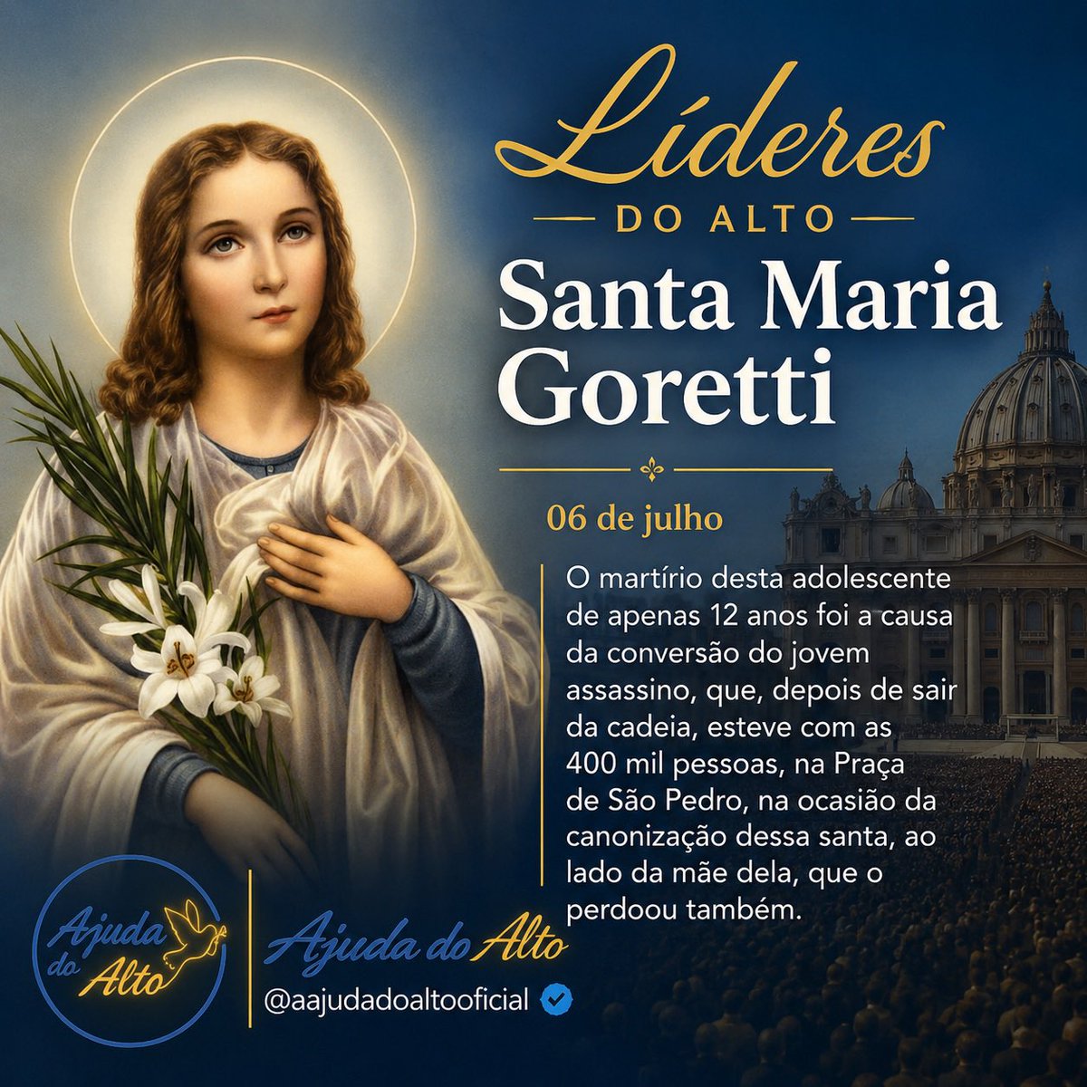 ajudadoalto's tweet photo. Santa Maria Goretti é venerada como exemplo de pureza, coragem, perdão e fidelidade a Deus até o martírio.
#lideresdoalto #santamariagoretti #castidade https://t.co/TMJDkE3ARb