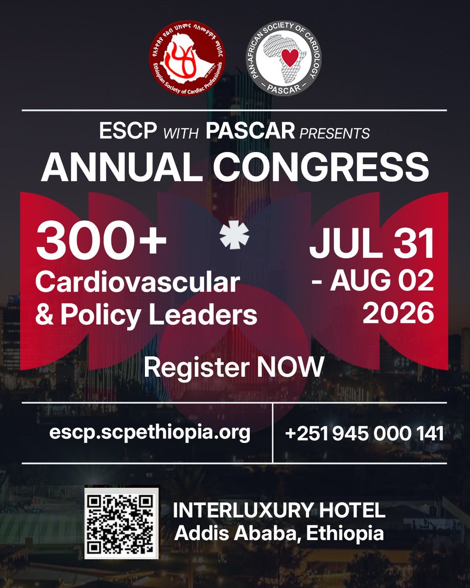 SCPEthiopia's tweet photo. The Ethiopian Society of Cardiac Professionals (ESCP) invites you to the Annual Congress, in partnership with PASCAR.
Join global &amp; regional experts for cutting-edge insights and innovations in cardiovascular care.
https://t.co/umsHRPZygs
#ESCP2026 #PASCAR #CardiacCare https://t.co/tqthuQY1Zg