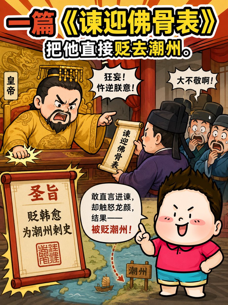 Banderhu368's tweet photo. 很多人提到韩愈，被记住的是“唐宋八大家”，但他人生最关键的一段，不是在朝堂，而是在被贬之后。
他被贬到潮州的时候，但也正是在那里，他做了一件很少人能做到的事：没有沉下去，而是把自己重新“立起来”。
所以韩愈最厉害的地方不是“被贬”，而是被扔进最差环境里，反而把局面一点点翻���来。 https://t.co/l8d8AhxoEA