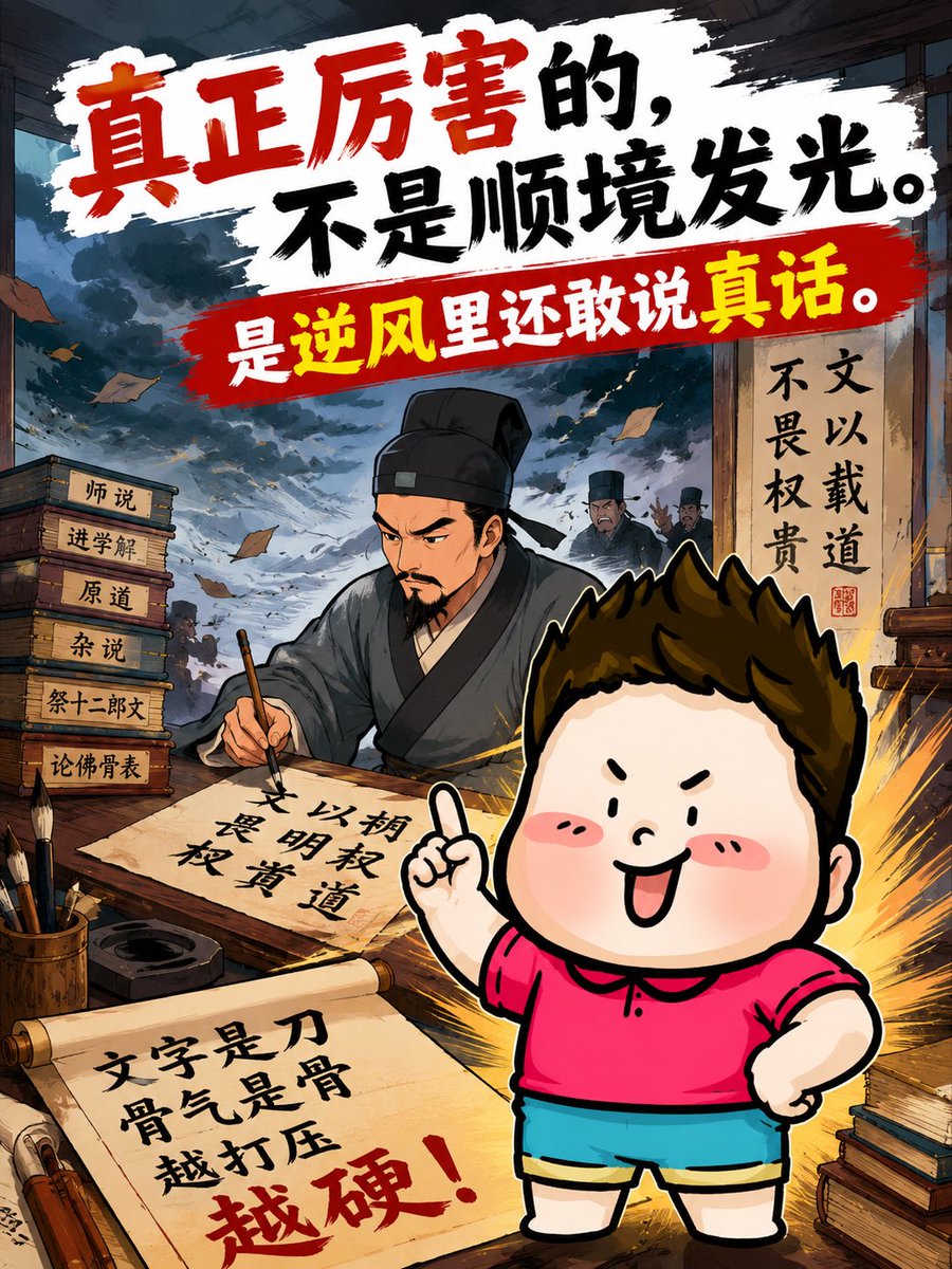 Banderhu368's tweet photo. 很多人提到韩愈，被记住的是“唐宋八大家”，但他人生最关键的一段，不是在朝堂，而是在被贬之后。
他被贬到潮州的时候，但也正是在那里，他做了一件很少人能做到的事：没有沉下去，而是把自己重新“立起来”。
所以韩愈最厉害的地方不是“被贬”，而是被扔进最差环境里，反而把局面一点点翻���来。 https://t.co/l8d8AhxoEA