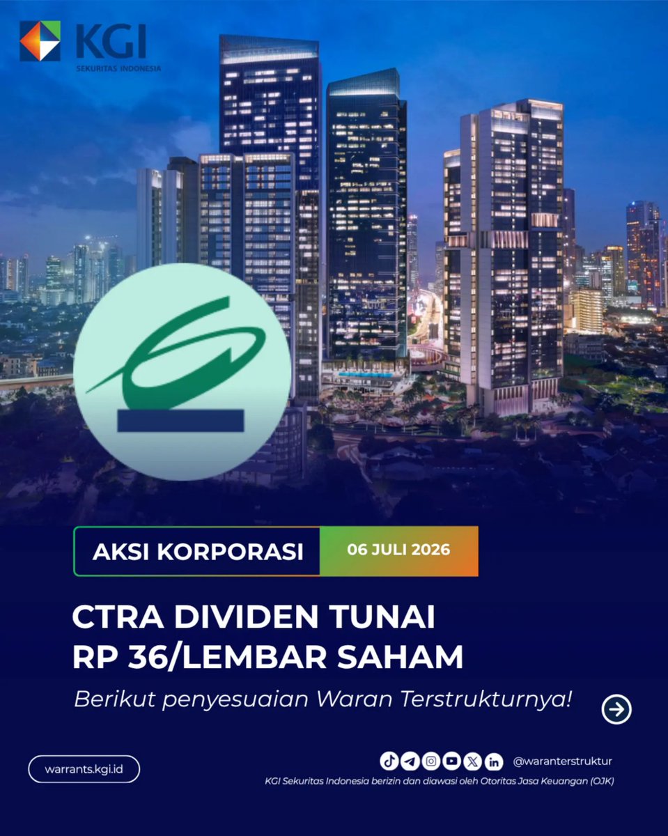 waranKGI's tweet photo. 📢INFO PENTING UNTUK TRADER WARAN TERSTRUKTUR!

CTRA umumkan Dividen Tunai Rp  36/lembar saham📊.

Penyesuaian harga dan rasio pelaksanaan waran terstruktur  CTRAHDCZ6A 💰✨

Effective Date :  Selasa, 07 Juli 2026

#fypage 
#fypシ 
#trending 
#cuan 
#CTRA https://t.co/ZApwHdIME1