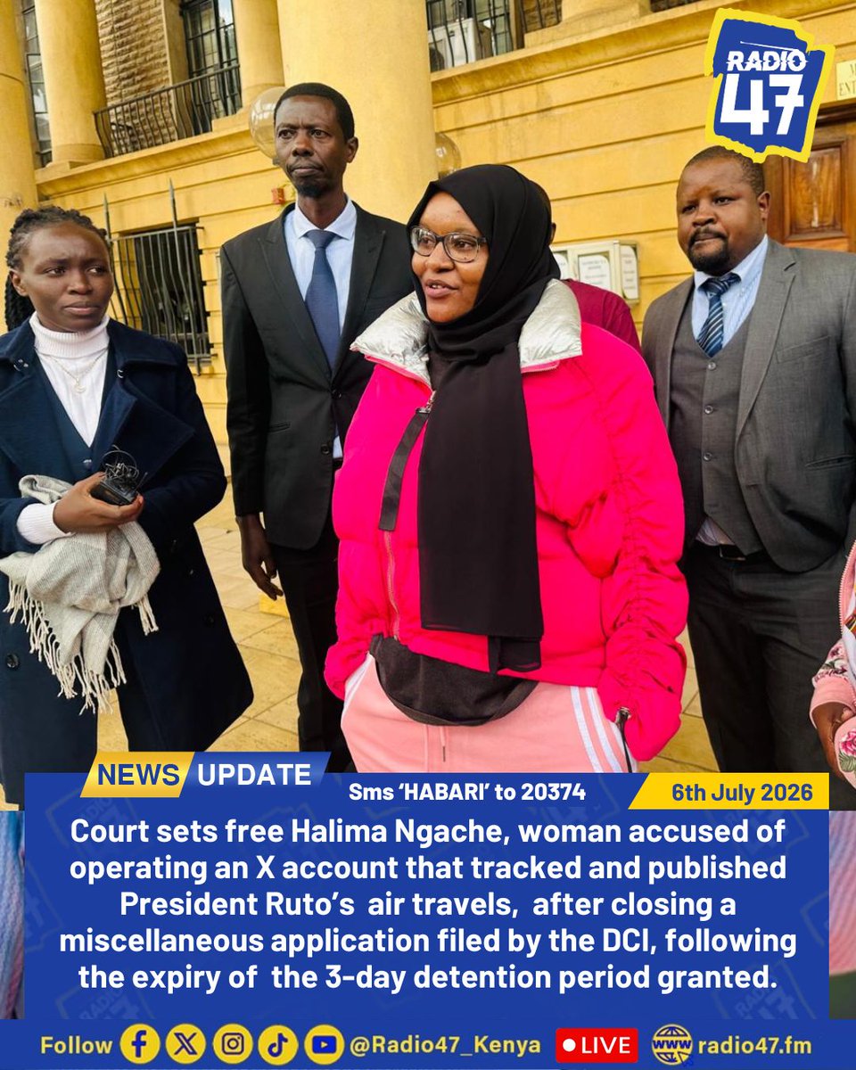 Radio47_Kenya's tweet photo. Court sets free Halima Ngache who is accused of spying on President William Ruto's air travels by publishing them on her X account.
#HapaNdipo #HabariZaRadio47 https://t.co/37RmRTQa0B