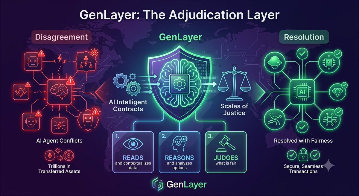 NirobNibir21's tweet photo. As AI agents handle trillions in transactions, disputes are bound to happen without proper infrastructure. That is why @GenLayer exists as the adjudication layer to resolve these agent to conflicts.

 Unlike traditional smart contracts, their intelligent contracts can read, reason, and judge what is truly fair.