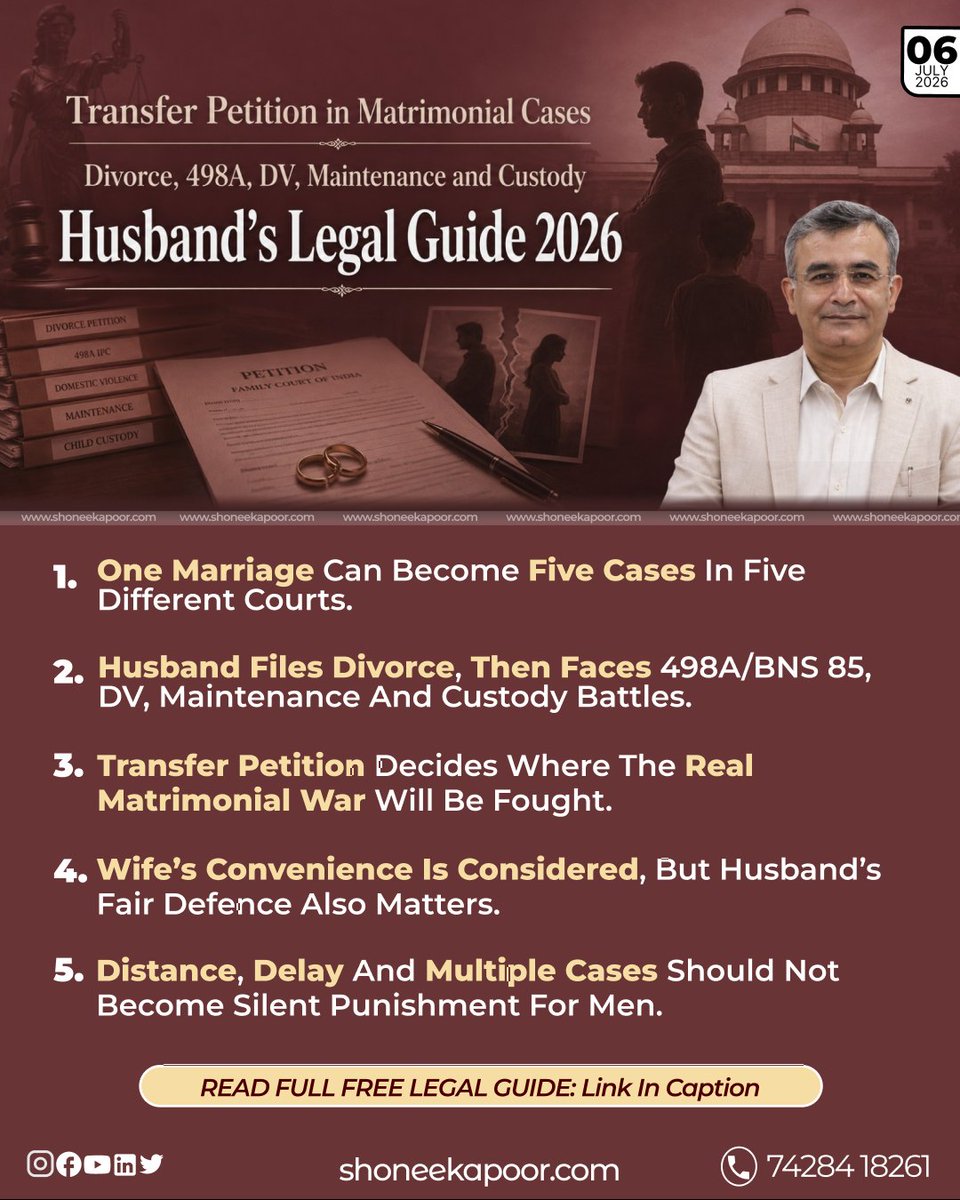 ShoneeKapoor's tweet photo. Transfer Petition In #MatrimonialCases: When The Husband Becomes The Traveller, The Payer And The Accused.
A husband files one case, and suddenly he is dragged into divorce, DV, maintenance, custody and 498A/BNS 85 battles in different courts.
The law talks about convenience, but the process often becomes pressure when one side uses distance, delay and multiple cases as litigation strategy.
This husband’s guide explains how to fight transfer petitions legally, oppose misuse smartly, and protect your right to fair defence.
CLICK HERE TO READ THE FULL LEGAL GUIDE FOR FREE:👇
https://t.co/sLLedsqb8l